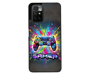 FunKaz Coque pour Xiaomi Redmi 10 - Gamer Manette de Jeu Fond Multicolore - Coque Noire TPU