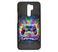 FunKaz Coque pour Xiaomi Redmi 9 - Gamer Manette de Jeu Fond Multicolore - Coque Noire TPU