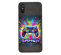 FunKaz Coque pour Xiaomi Redmi 9A - Gamer Manette de Jeu Fond Multicolore - Coque Noire TPU