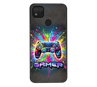 FunKaz Coque pour Xiaomi Redmi 9C - Gamer Manette de Jeu Fond Multicolore - Coque Noire TPU