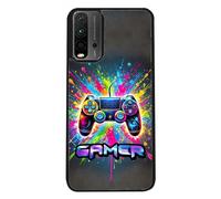 FunKaz Coque pour Xiaomi Redmi 9T - Gamer Manette de Jeu Fond Multicolore - Coque Noire TPU