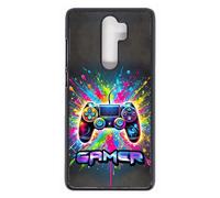 FunKaz Coque pour Xiaomi Redmi Note 8 Pro - Gamer Manette de Jeu Fond Multicolore - Coque Noire TPU