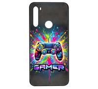 FunKaz Coque pour Xiaomi Redmi Note 8T - Gamer Manette de Jeu Fond Multicolore - Coque Noire TPU