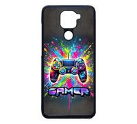 FunKaz Coque pour Xiaomi Redmi Note 9 - Gamer Manette de Jeu Fond Multicolore - Coque Noire TPU
