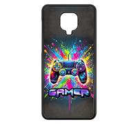 FunKaz Coque pour Xiaomi Redmi Note 9 Pro - Gamer Manette de Jeu Fond Multicolore - Coque Noire TPU