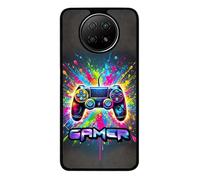 FunKaz Coque pour Xiaomi Redmi Note 9T - Gamer Manette de Jeu Fond Multicolore - Coque Noire TPU