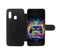 FunKaz Etui Cuir pour Samsung Galaxy A20e - Gamer Manette de Jeu Fond Multicolore - Housse Fermeture magnétique