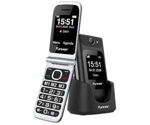 Funker C250 Comfort Power 4G - Téléphone portable 4G VoLTE à clapet pour seniors, base de charge, clavier à contraste élevé, bouton SOS, facile à utiliser, 3 mémoires directes, batterie 1450 mAh, noir