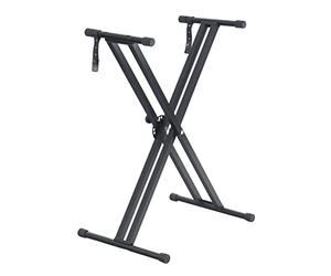 Funkey Support Clavier double barreaux, structure en X, fermeture rapide fiable, manchons caoutchouc antidérapants, trépied pliable, sangles de maintien robustes incluses.