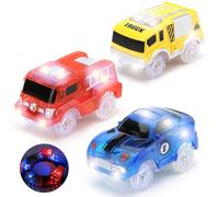 Funkprofi Lot de 3 voitures Magic Track pour enfants : voiture d'ingénierie jaune, voiture de course bleue, camion de pompier rouge avec 5 lumières clignotantes LED