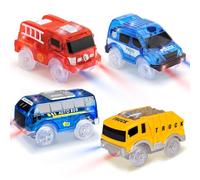 Funkprofi Lot de 4 voitures jouet pour enfants à partir de 2 ans, avec 5 lumières LED, bus bleu, dépanneuse jaune, camion de pompier rouge, véhicule tout-terrain bleu