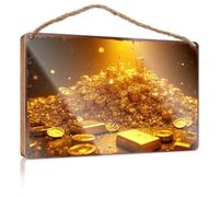 Funky Home Decor Golden Treasure : A Mountain Of Wealth And Luxury Wood Sign Ferme Panneau de porte à suspendre Décoration d'été (23 x 35 cm)