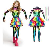 Funky Punky Bones Colorful Skeleton Deluxe Girls Costume Set with Hair Extensions for Halloween Costume Dress Up Parties. (Large (10-12 yrs))