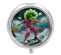 Funky Skateboard Frog Pilulier 3 compartiments rond en métal Pilulier Portable Mini étui à médicaments de voyage avec miroir Mignon Conteneur de médicaments Support pour sac à main de poche
