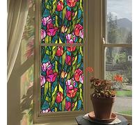 funlife Autocollant original dessiné à la main imitation vitrail pour fenêtre et porte en verre, électrostatique double face, convient pour l'entrée, réutilisable, 30 x 300 cm, tulipe rouge d'été