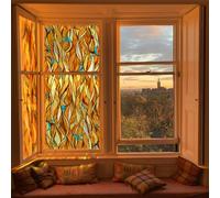 funlife Film fenetre coloré Motifs dessinés à la Main, Film vitrail Boho Feuilles du Coucher du Soleil, adsorption électrostatique Amovible, Salon Chambre Garnitures en Verre de fenêtre 30x300CM