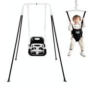 FUNLIO balançoire 2 en 1 pour bébé avec Sièges sauteurs Suspendus, pour Enfants avec 4 Sacs de Sable, Support en métal Pliable en intérieur/extérieur pour Porte, Facile à Assembler - Noire