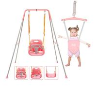 FUNLIO balançoire 2 en 1 pour bébé avec Sièges sauteurs Suspendus, pour Enfants avec 4 Sacs de Sable, Support en métal Pliable en intérieur/extérieur pour Porte, Facile à Assembler - Rose