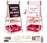 FUNLIO Chevalet d'art pour enfants âgés de 3 à 8 ans, tableau anti-déformation & cadre effaçable, enfant avec magnétique/tableau blanc, 3 hauteurs réglables, avec rouleau de papier rose