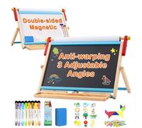 FUNLIO Chevalet de Table Magnétique Anti-Déformation pour Enfants 3 Ans+ (100+ Pièces), Double Face en Bois avec 3 Angles Réglables, Tableau Blanc, Tableau Noir & Rouleau de Papier, Pliable - Bleu