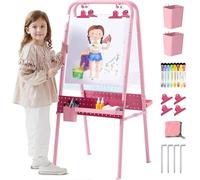 FUNLIO Chevalet Extérieur Pliable pour Enfants 3+, à Deux Faces avec 2 Tableaux en Acrylique & 21 Accessoires, Imperméable, Résistant au Soleil, Portatif & Stable - Rose