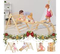 FUNLIO Ensemble Triangulaire Montessori Réglable 3 en 1, Pliable en Bois Massif pour Enfants de 2 à 5 Ans, Aire de Jeux Intérieure, Structure d’Escalade, Multifonctions et Amusant, Facile à Monter