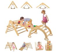 FUNLIO Jeu de Triangle Pliable, Jeu d'escalade Montessori en Bois Massif pour Les Enfants de 2 à 6 Ans, Gymnastique d'Intérieur 3-en-1 Ajustable avec Arche/Glissière/Roche d'escalade/Triangle