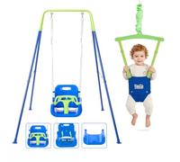 FUNLIO Set de balançoire 2-en-1 pour bébés et tout-petits, balançoire et sauteur robuste avec 4 sacs à sable, support métallique pliable intérieur/extérieur, facile à assembler et ranger-Bleuvert