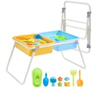 FUNLIO Table de Sable et d’Eau Pliante pour 3-6 Ans, Table Sensorielle pour Tout-Petits Réglable en Hauteur avec Housse Anti-Poussière, 2 Boîtes de Rangement & Accessoires de Plage, Portable