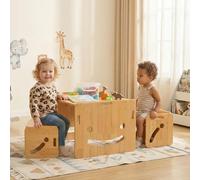 FUNLIO Table et Chaise Montessori Ajustables en Hauteur pour Enfants de 1 à 3 Ans, Table en Bois Massif et 2 Chaises, pour Lire, Manger, Jouer, Certifié CPC (Ensemble de 3 pièces)