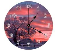 Funlucy Horloge murale ronde moderne - Coucher de soleil d'hiver, ciel, neige, arbre couleur nature, thème naturel, horloge murale silencieuse sans tic-tac pour cuisine, bureau, horloge rétro