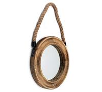 Funly mee Miroir décoratif Rond Rustique avec Cadre en Bois Massif et Corde à Suspendre, décoration Murale Antique de Ferme (25 x 25 cm)
