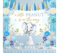 Funmemoir Décoration éléphant pour fête prénatale garçon - A Little Peanut Is on the Way Toile de fond, franges en aluminium, pompons en papier, ballons pour fête prénatale bleue
