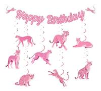 Funmemoir Décorations d'anniversaire avec imprimé guépard rose - Bannière « Happy Birthday » rose et tourbillons à suspendre double face pour filles et femmes - Fournitures de fête sur le thème des