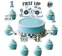 Funmemoir Décorations d'anniversaire Fast One pour garçons - Décoration de gâteau « First Lap Around the Track » et décorations de cupcakes sur le thème des voitures de course vintage pour fête