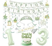 Funmemoir Décorations de 13e anniversaire pour filles - Bannière « Happy 13th Birthday » - Vert sauge - Ballons à suspendre - Couronne et écharpe pour treize adolescentes de 13 ans