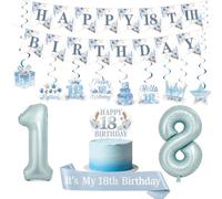 Funmemoir Décorations de 18e anniversaire bleu poussiéreux - Bannière pré-assemblée, tourbillons double face, ballons en aluminium, écharpe avec épingle, décoration de gâteau pour filles et garçons