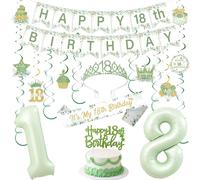 Funmemoir Décorations de 18e anniversaire vert sauge pour filles - Bannière « Happy 18th Birthday » à suspendre avec ballons, couronne et écharpe pour fête de dix-huit ans