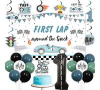 Funmemoir Décorations de 1er anniversaire en forme de voiture de course - Toile de fond pour premier tour de piste, tourbillons double face, décoration de gâteau, 1 ballon en aluminium en forme de