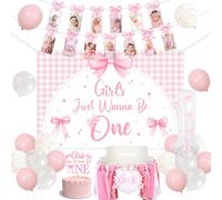 Funmemoir Décorations de fête d'anniversaire avec nœud rose « Girls Just Wanna Be One » - Bannière photo mensuelle - Bannière de ballons pour 1er anniversaire
