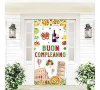 Funmemoir Décorations de fête d'anniversaire italiennes - Bannière de porte Buon Compleanno 89 x 180 cm pour homme et femme sur le thème de la pizza italienne, décorations d'intérieur et d'extérieur