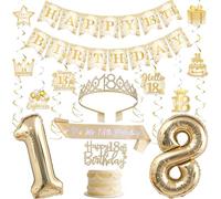 Funmemoir Décorations de fête d'anniversaire pour filles - Blanc et doré - Bannière « Happy 18th Birthday » - Couronne et écharpe à suspendre - Ballons pour dix-huit et 18 ans