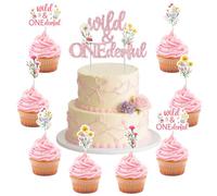 Funmemoir Décorations de fête de 1er anniversaire - Wild & Onederful - Décorations de gâteau et 24 décorations florales pour cupcakes - Fleur bohème Notre petite fleur sauvage tourne une décoration