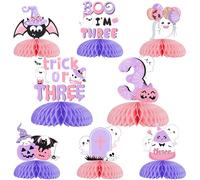 Funmemoir Décorations de fête d'Halloween pour 3e anniversaire, tours ou trois décorations roses et violettes pour Halloween, 8 pièces de centre de table en nid d'abeille pour Boo I Am Three Party