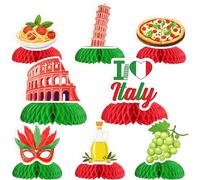 Funmemoir Décorations de fête italienne - 8 pièces de centre de table en nid d'abeille sur le thème de l'Italie, décorations de fête d'anniversaire italiennes, décorations de fête pizza italienne,
