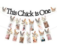 Funmemoir Décorations de fête pour 1er anniversaire de poulet - This Chick Is One Banner & Monthly Photo Banner with Clips One Cute Poussin Hen Animal de la ferme Barnyard Décorations pour 1er