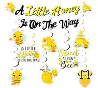 Funmemoir Décorations de fête prénatale - Bannière « A Little Honey Is on the Way » et 8 tourbillons à suspendre avec motifs bourdons pour fêtes prénatales sur le thème des abeilles