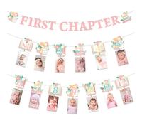 Funmemoir Décorations de fête sur le thème du livre pour 1er anniversaire, bannière rose du premier chapitre et bannière photo nouveau-né à 12 mois pour club de lecture, bibliothèque, livre d'histoire