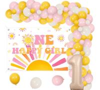 Funmemoir Décorations de premier voyage autour du soleil pour fille - Toile de fond « One Happy Girl » - Kit d'arche de ballons bohème - Motif lever de soleil rose hippie arc-en-ciel - Décorations de