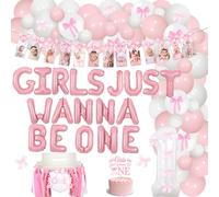 Funmemoir Décorations pour 1er anniversaire avec nœud rose - Ballons en aluminium Girls Just Wanna Be One, bannière photo mensuelle, décoration de gâteau, arche de ballons, bannière de chaise haute